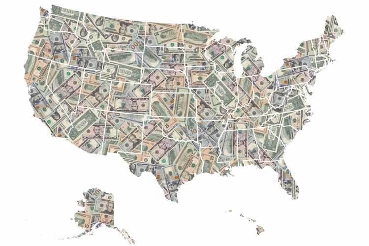 United States map formed with American dollars bills